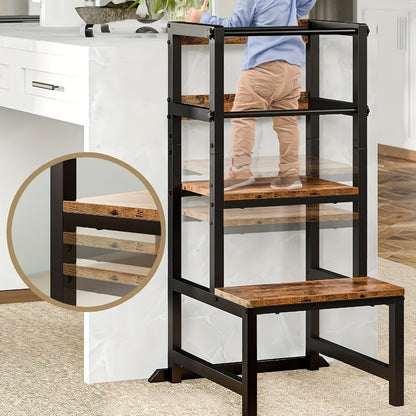 Adjustable Toddler Learning Tower Step Stool with Safety Rail Height Adjustable Kids Kitchen Helper Stool Wooden Steel Stand for Children