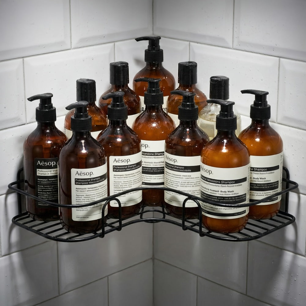 Bathroom Corner Shelf Set 4pcs Wall Mounted No Drilling Black Metal, Shower Corner Storage Rack for Bathroom Kitchen Home Shampoo Toiletry Organizer