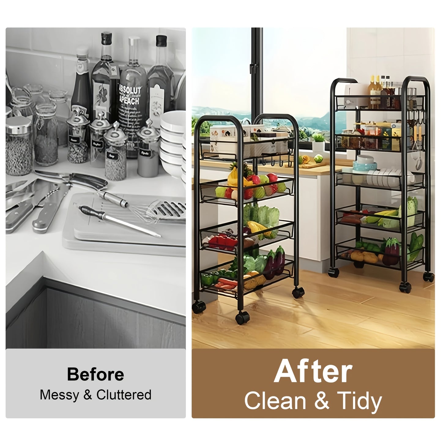 Mobile Metal Storage Shelf - 3/4/5-Tier Metal Kitchen Trolley With Hooks, Rolling Cart With 360° Swivel Wheels, Mesh Basket Layered Organizer For Narrow Gap, Kitchen, Bathroom, Office, Study, Garage, Ideal Storage Cart