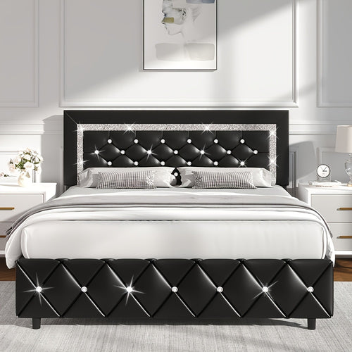 Upholstered Bed Frame With Diamond Tufted Headboard, Faux Leather Headboard & Footboard, Wooden Slats Support, No Box Spring Needed, Easy Assembly, Cozy Winter Gifts, Christmas Gift, Christmas Limited Edition, Festive Atmosphere, Black