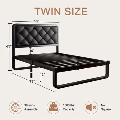 Platform Bed Frame with Button-Tufted Headboard – Black Faux Leather or Dark Grey Linen, 12-Inch Under Bed Storage, Full Queen