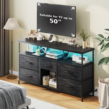 TV Stand Dresser with 5 Drawers, Entertainment Center for 50-Inch Television, Media Console Table with Power Outlets And LED Lights, Office Lockers, Open Shelf, Living Room