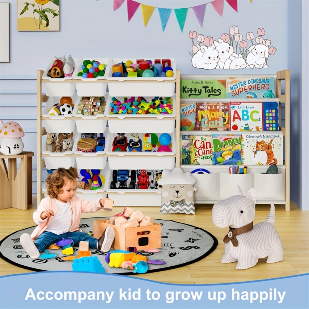 2in 1 Kids Bookshelf And Child Storage Organizer with 12 Bins And 4 Tier Book Shelf for Playroom, Classroom, Nursery Room, Bedroom, Kindergarten, School, Perfect Gift for Christmas, Halloween, Thanksgiving, Easy to Installation, Space Saving