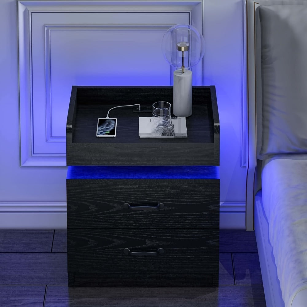Nightstand with LED Lights & Charging Station – 2 Drawers Bedside Table, Modern End Table for Bedroom Living Room, White Black Grey, 1pc or 2pcs Set