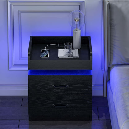 Nightstand with LED Lights & Charging Station – 2 Drawers Bedside Table, Modern End Table for Bedroom Living Room, White Black Grey, 1pc or 2pcs Set
