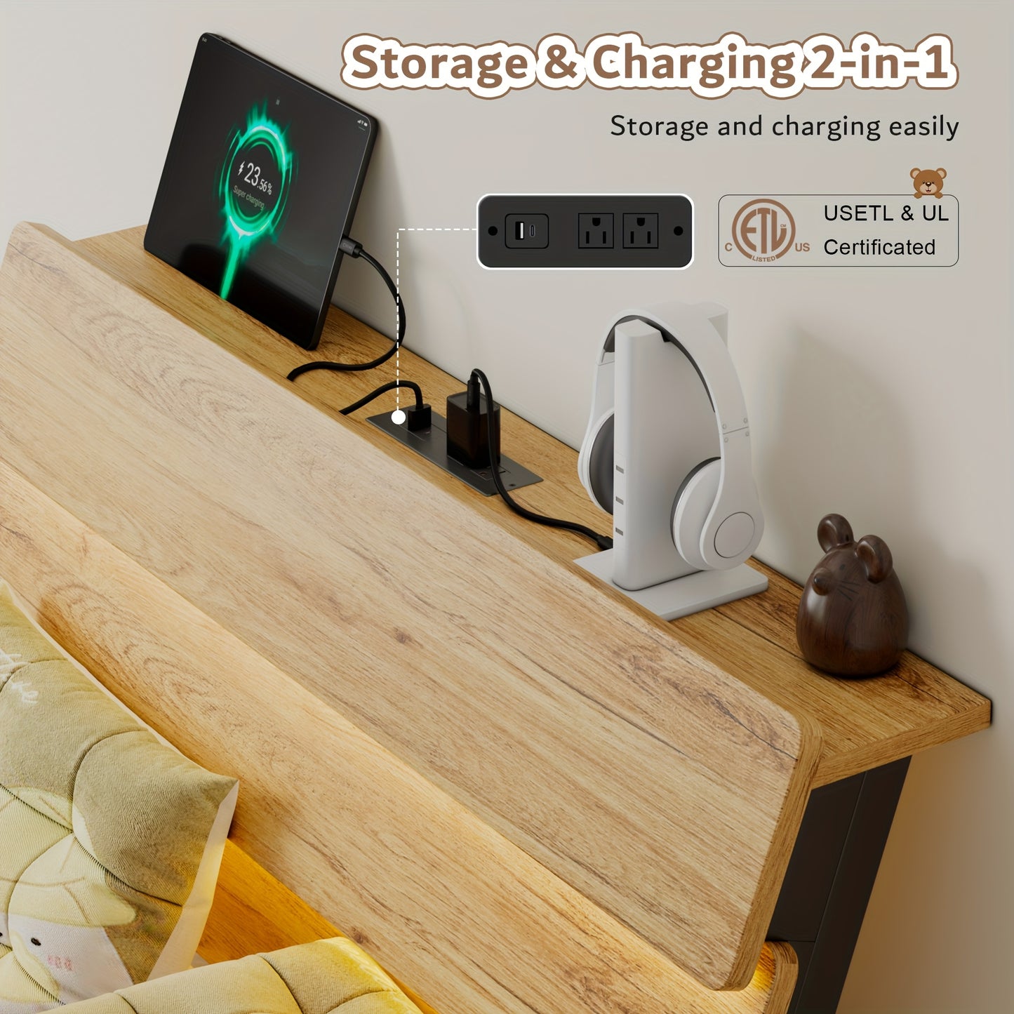 Valnase Floating Bed Frame with LED Lights, with Built-In Charging Station Storage Wooden Headboard, Heavy-Duty Metal Support, Easy Assembly
