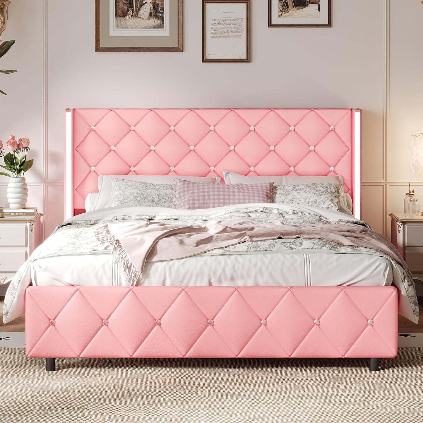 Twin Full Queen King Size Bed Frame, Upholstered Bed Frame with Diamond Tufted Headboard, Modern Silvery Side Wing Back, No Box Spring Needed, Easy Assembly, Purple, Black, Blue, Green, Pink, White