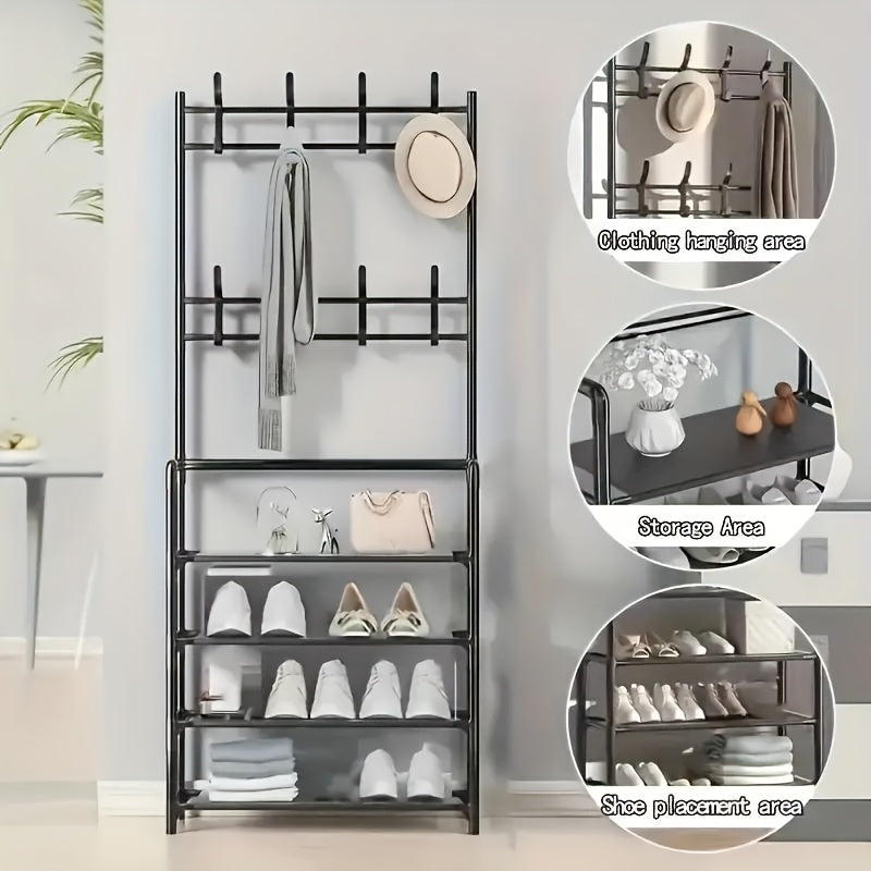 Black Metal Entrance Storage Rack with Hooks - Multi-Layer Shoe Racks, Hangers, And Household Storage - Perfect for Shoes, Hats, Bags, And Umbrellas - Stylish Modern Entrance Hallway Shelves, Shoe Rack Storage Boxes, Closet Organization Systems
