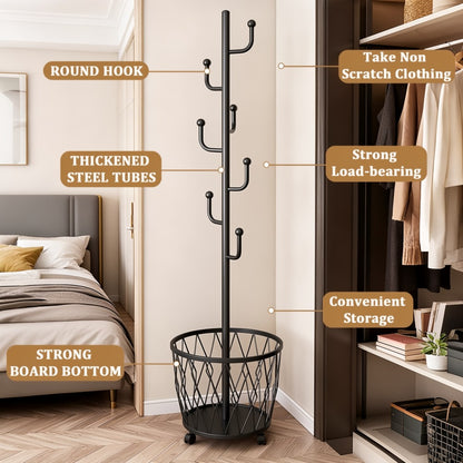 Freestanding Rolling Coat Rack with Storage Basket, Heavy-Duty Metal Garment Hanger with Hooks and Wheels, Space-Saving Clothes Organizer for Entryway Bedroom Living Room