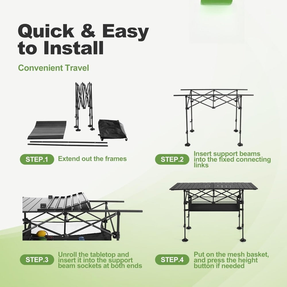 Folding Camping Table Adjustable Height – Portable Iron Picnic Backpack Table with Mesh Pocket & Carry Bag for Camping, BBQ, Beach, Backyard & Parties