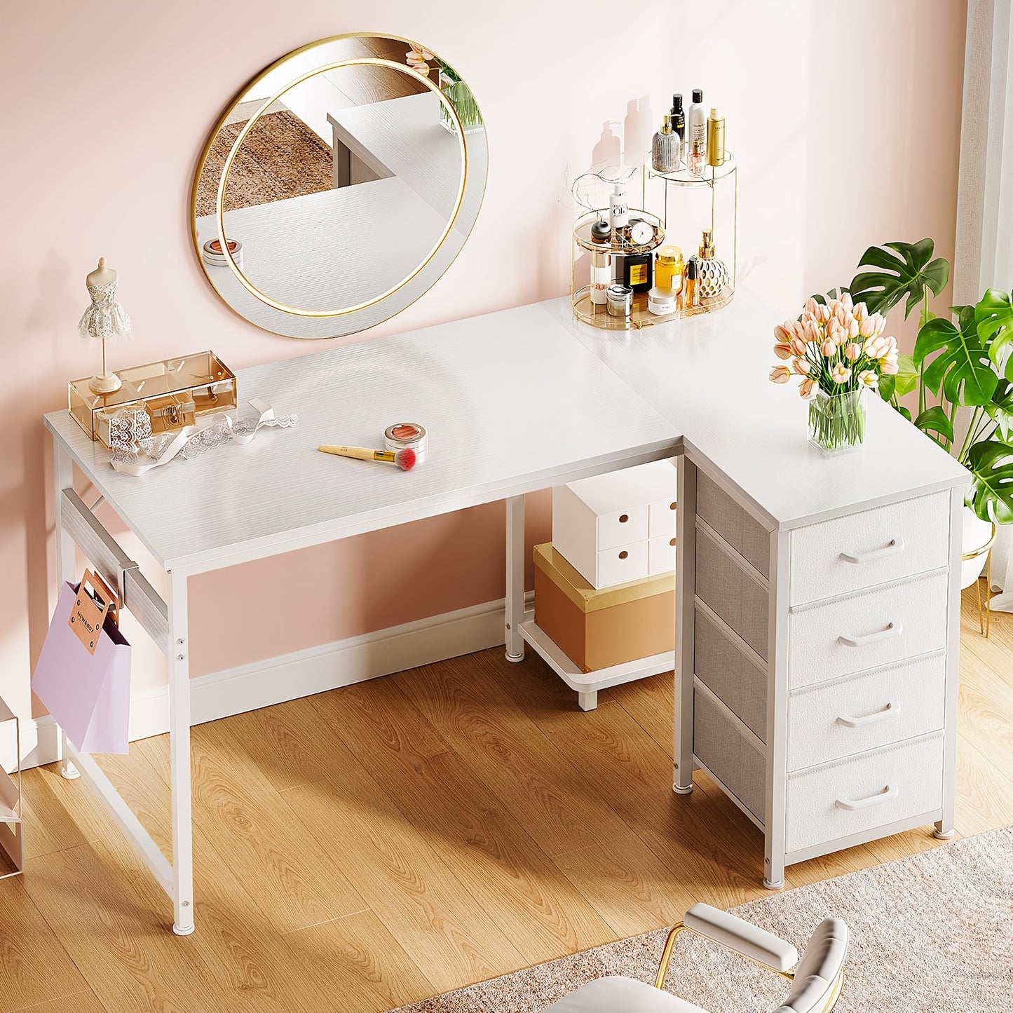 Reversible L Shaped Vanity Desk with 4 Drawers, Small White Computer Desk & Vanity Table with Storage, Study Desk with Hook, Corner Desk for Home Office