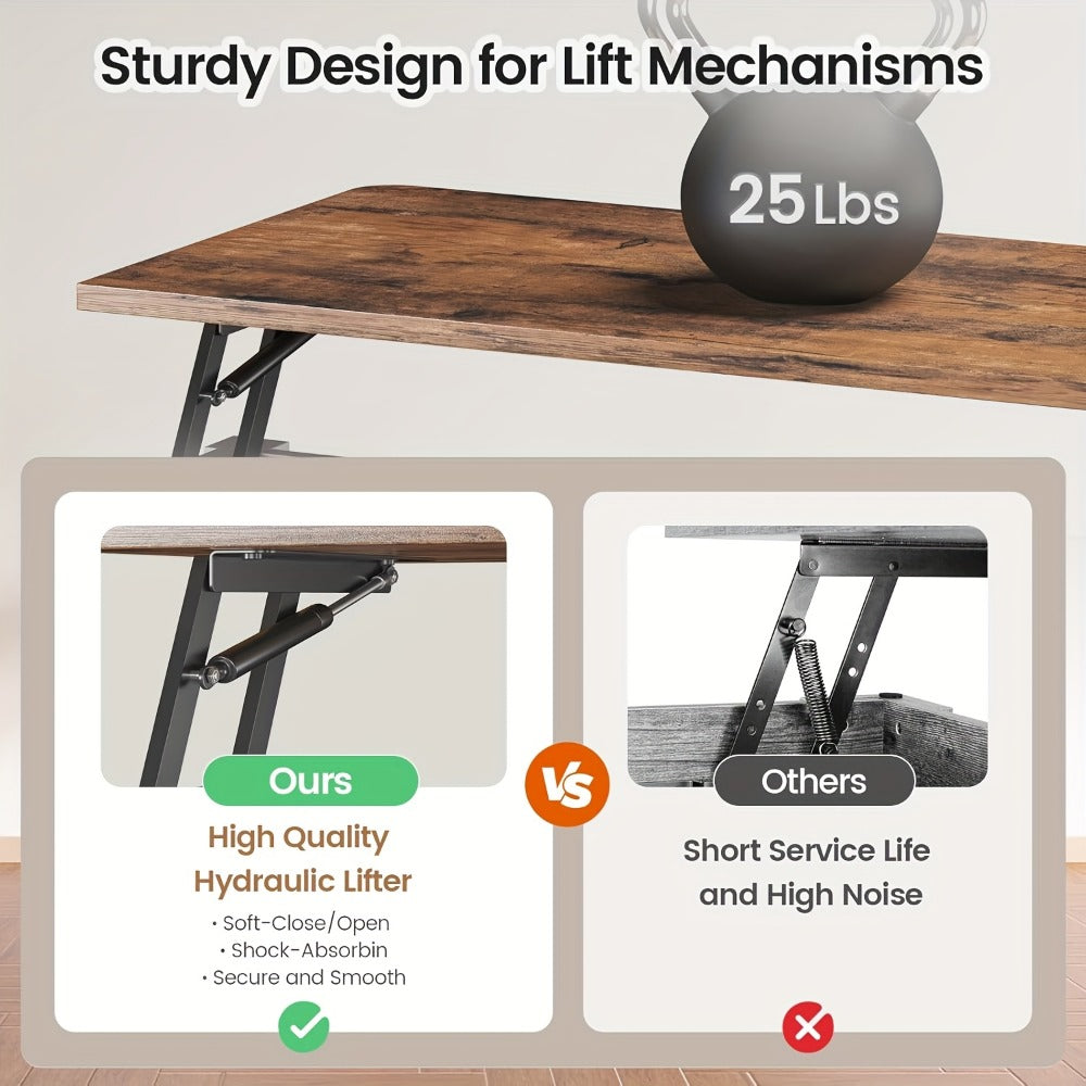 Square Lift Top Coffee Table with Hidden Storage – Farmhouse Design, Gas Strut Lift, Adjustable Shelves, 4 Open Compartments, Black/White/Grey/Blue