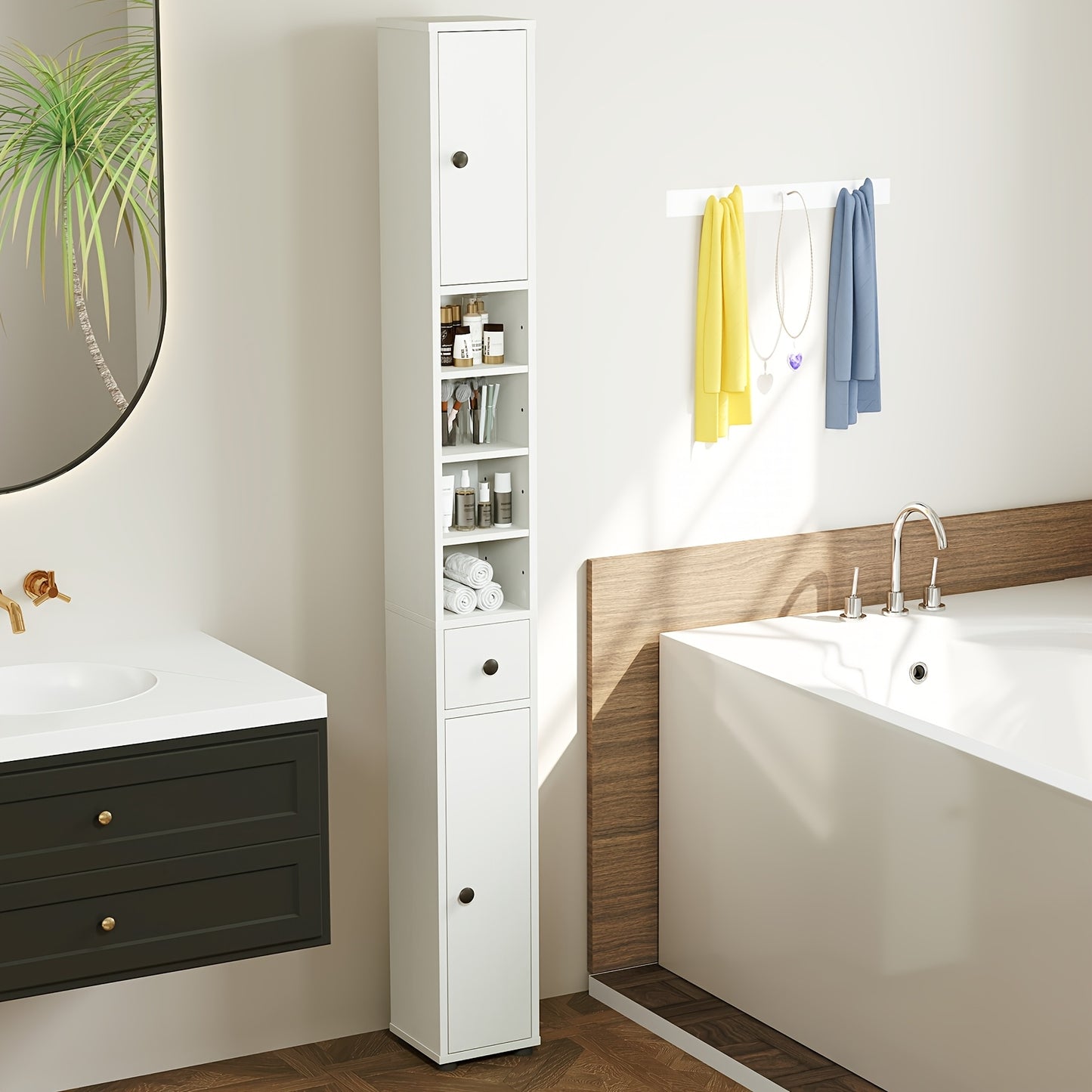 COSTWAY Tall Narrow Cabinet Suitable for Small Spaces, Freestanding Floor Storage Organizer with 2 Doors, 1 Drawer & 5 Adjustable Shelves, Modern Linen Tower for Bathroom, Hallway, Entryway, Space-Saving Vertical (Assembly)
