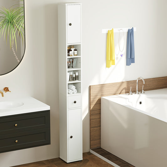 COSTWAY Tall Narrow Cabinet Suitable for Small Spaces, Freestanding Floor Storage Organizer with 2 Doors, 1 Drawer & 5 Adjustable Shelves, Modern Linen Tower for Bathroom, Hallway, Entryway, Space-Saving Vertical (Assembly)