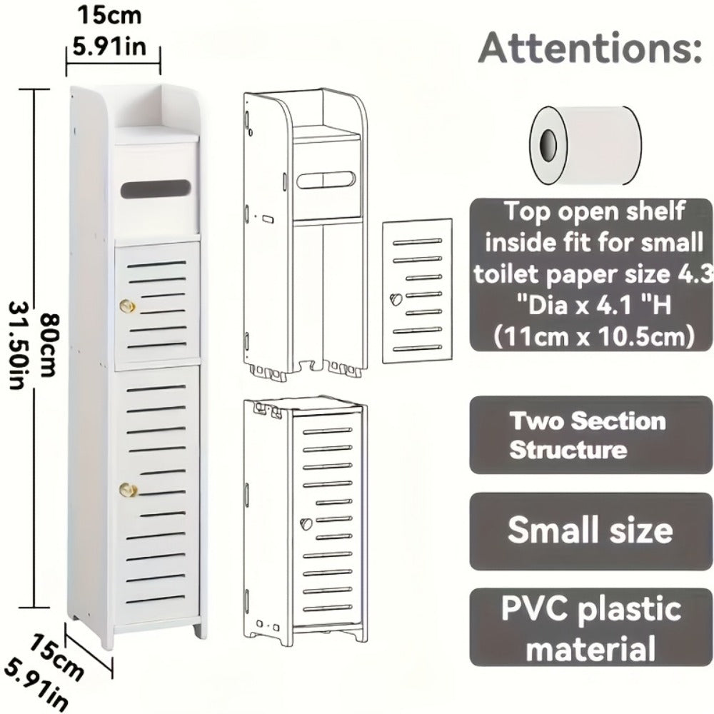 PVC Double Door Bathroom Storage Cabinet Floor Standing White, Thickened Waterproof Freestanding Organizer for Toilet Paper, Shampoo & Toiletries