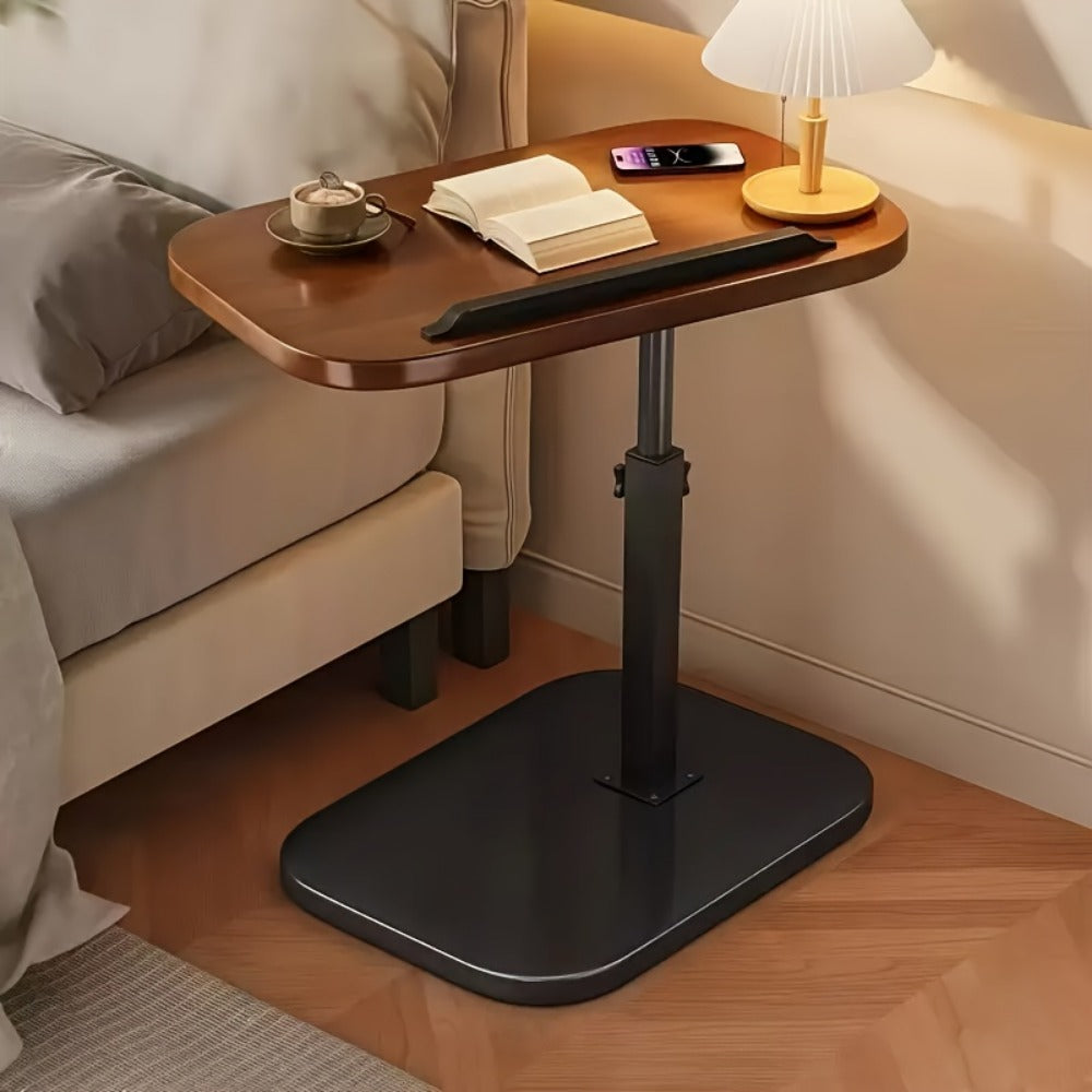 C Shaped Side Table 360 Rotatable Adjustable Height Sofa End Table Bedside Table Metal Solid Wood for Living Room Bedroom Home Office Black
