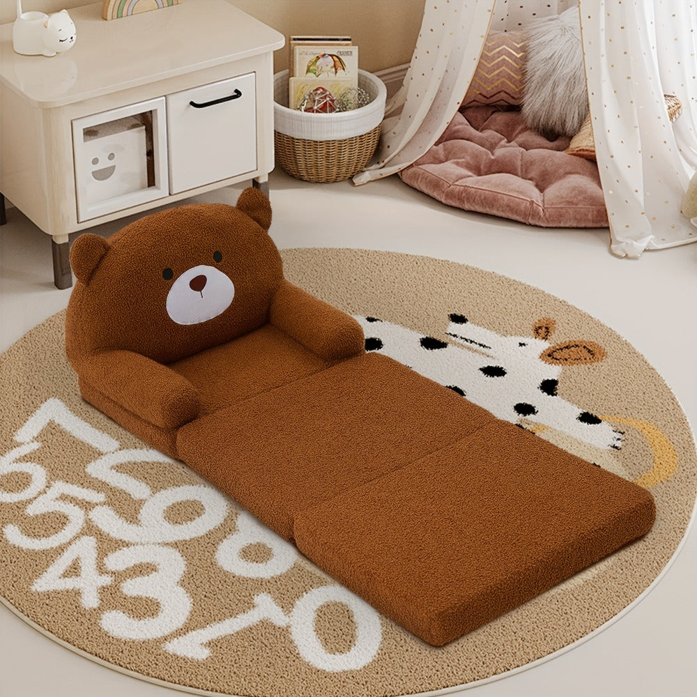 Cute Teddy Bear Kids Foldable Sofa 2-In-1 Fold Out Couch Soft Polar Fleece Chair High-Density Foam PP Cotton Lounger for Playroom Boys Girls Room Decor