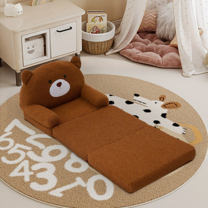 Cute Teddy Bear Kids Foldable Sofa 2-In-1 Fold Out Couch Soft Polar Fleece Chair High-Density Foam PP Cotton Lounger for Playroom Boys Girls Room Decor