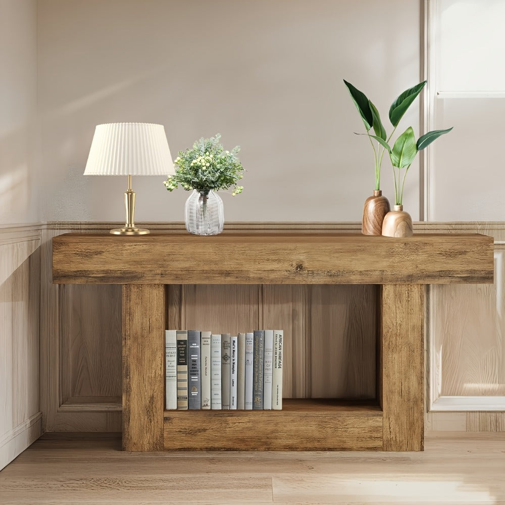 Farmhouse Console Table with U-Shaped Base & Open Shelf, Rustic Country Style MDF Entryway Table for Living Room Hallway Foyer Corridor