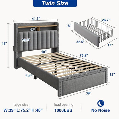 King Size Upholstered Bed Frame with Storage 2 Drawers 2-Tier Headboard Wood Slats No Box Spring Noise-Free Easy Assembly Modern Grey Beige