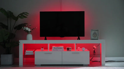 A Sleek LED TV Stand Designed for 55 to 80-Inch Televisions, Featuring a Universal Entertainment Center Equipped with Storage Drawers And LED Lighting. This Contemporary Media Console Is Suitable for Your Living Room, Game Room, Or Bedroom