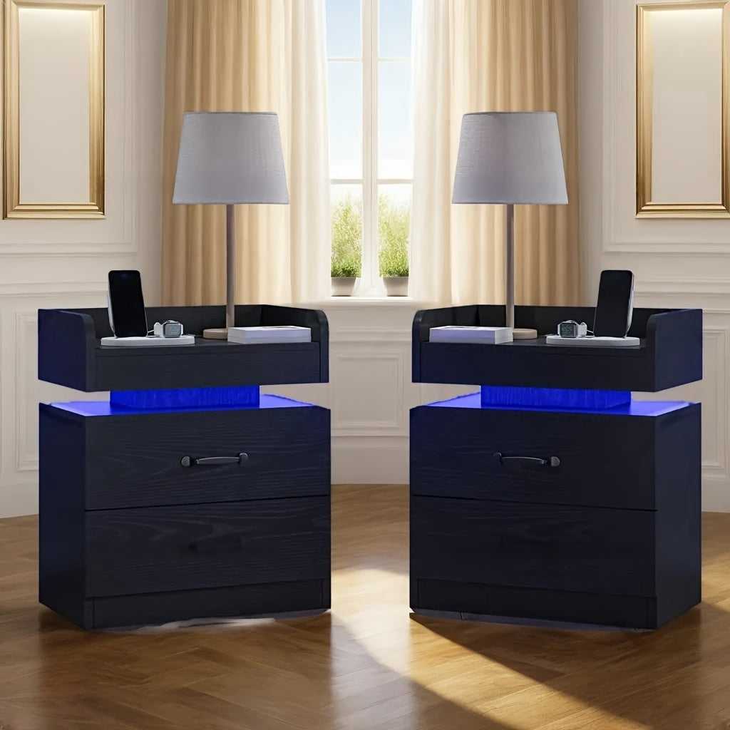 Smart LED Nightstand with Charging Station – Narrow Bedside Table 2 Drawers, Entryway Side Table, Black White, 1pc or 2pcs Set for Bedroom Living Room