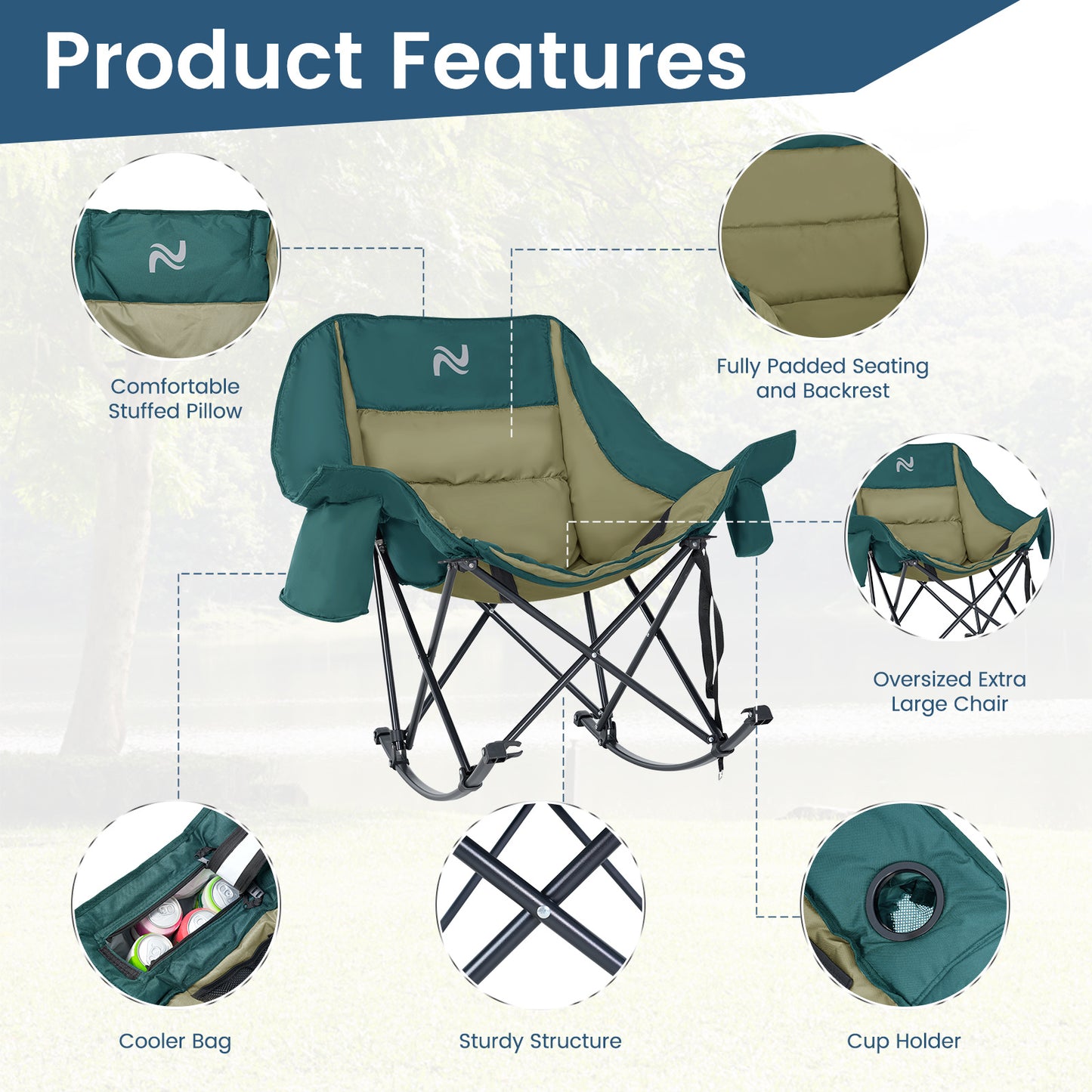 Oversized Rocking Camping Chair, Fully Padded Patio Chair with Cooler Bag and Side Pocket, High Back Portable Lawn Recliner Rocker Chairs for Camp, Patio, Supports 400 lbs