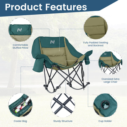Oversized Rocking Camping Chair, Fully Padded Patio Chair with Cooler Bag and Side Pocket, High Back Portable Lawn Recliner Rocker Chairs for Camp, Patio, Supports 400 lbs