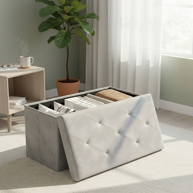 Storage Ottoman Bench with Lid – Upholstered Folding Foot Rest Stool 660 lbs, Hardwood Frame for Living Room Bedroom Office, Classic Style in Black Brown Beige Gray Pink Blue