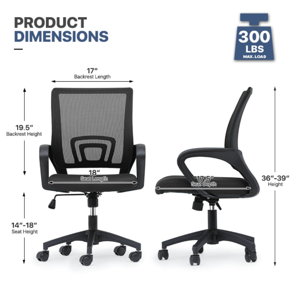 Ergonomic Office Chair Mid-Back Mesh Swivel Desk Chair with Lumbar Support Adjustable Height Sponge Seat Rolling Wheels, 300 lbs Capacity, 6 Colors, 1 or 2 Pack