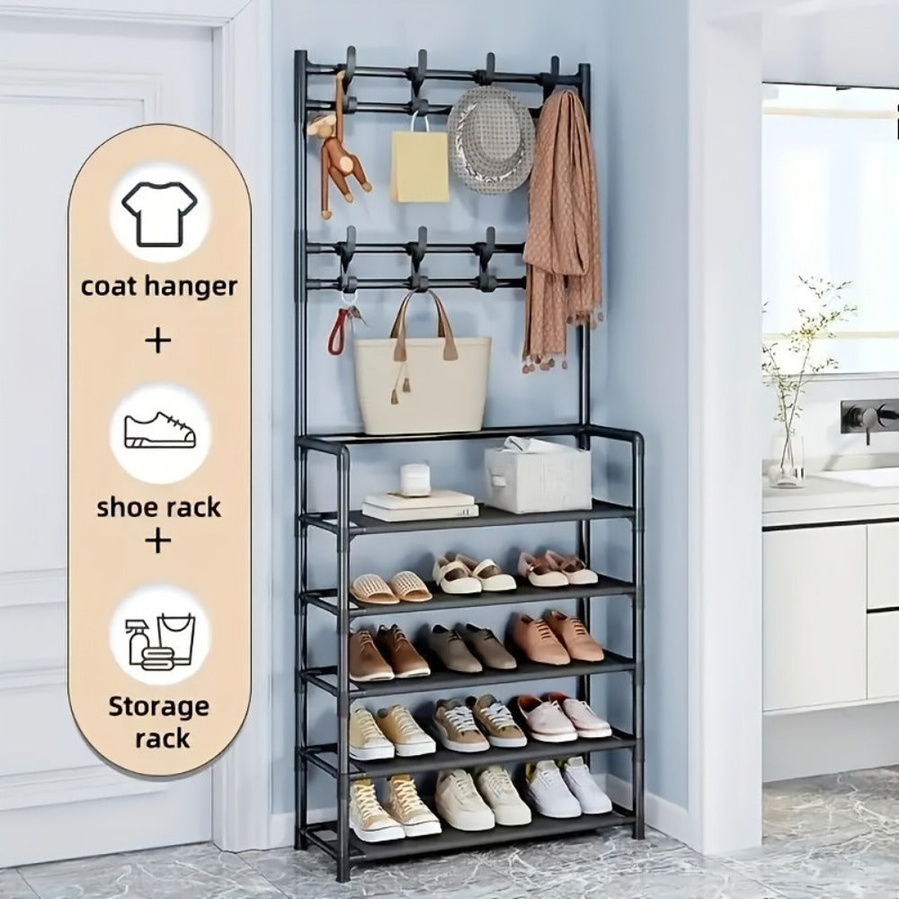 Entryway Shoe Rack with Hooks Multi-Layer Metal Storage Organizer for Shoes Hats Bags Umbrellas, Modern Hallway Shelf Closet Organization System, Black & White