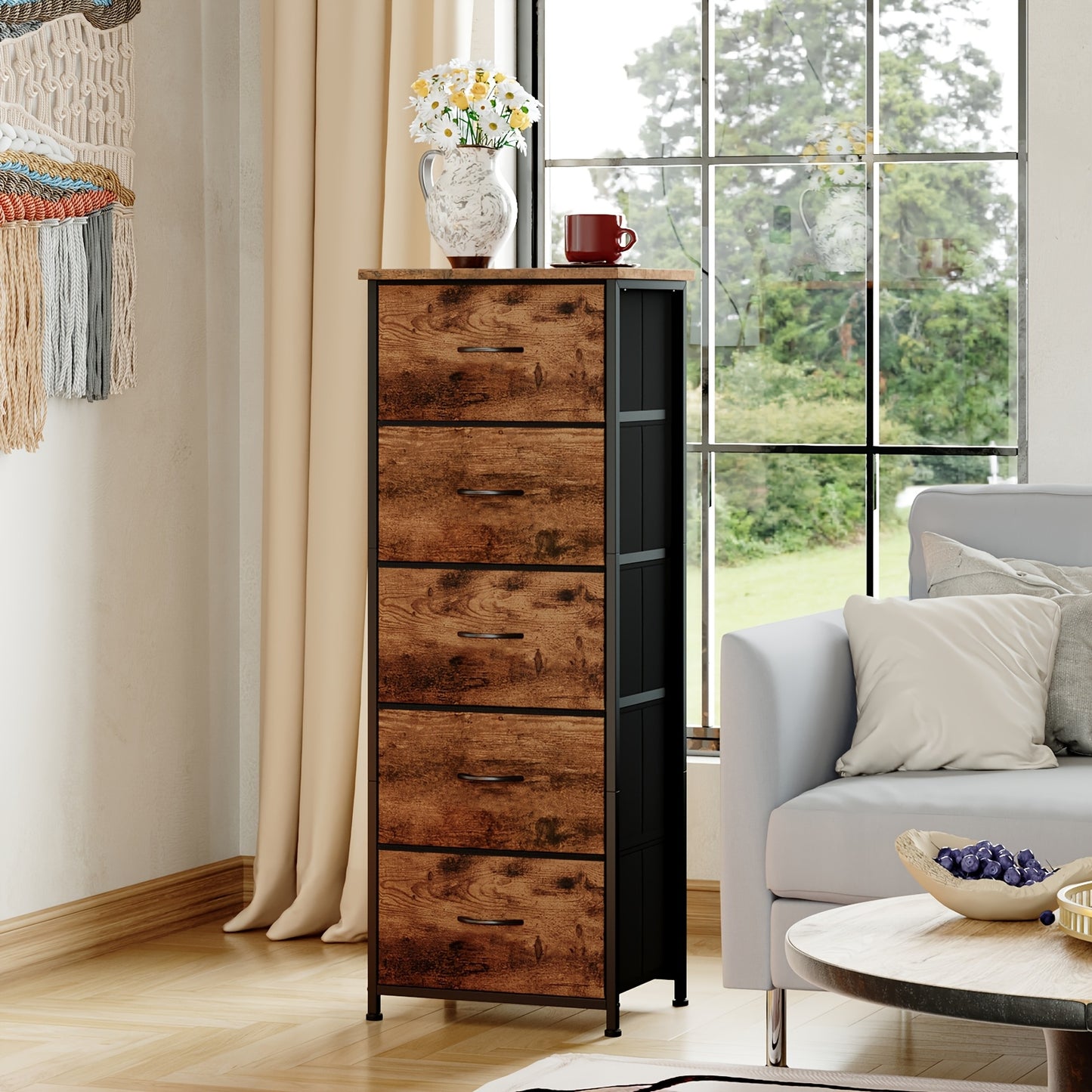 EUNOS Tall Dresser for Bedroom, Storage Organizer Chest Of Drawers with Removable Fabric Bins for Living Room Closet Bedside Laundry Entryway Hallway