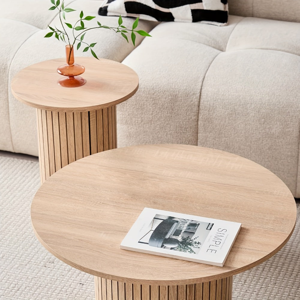 Round Nesting Coffee Tables Set of 2 - Boho Fluted Drum Side Table with Wood Grain Tabletop for Living Room, Bedroom & Apartment