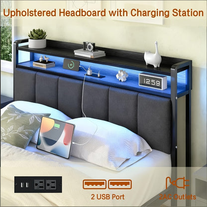 Bed Frame with Storage Headboard LED Lights and Charging Station Twin Full Queen King Heavy Duty Metal Slatted Base No Box Spring White Grey Cream