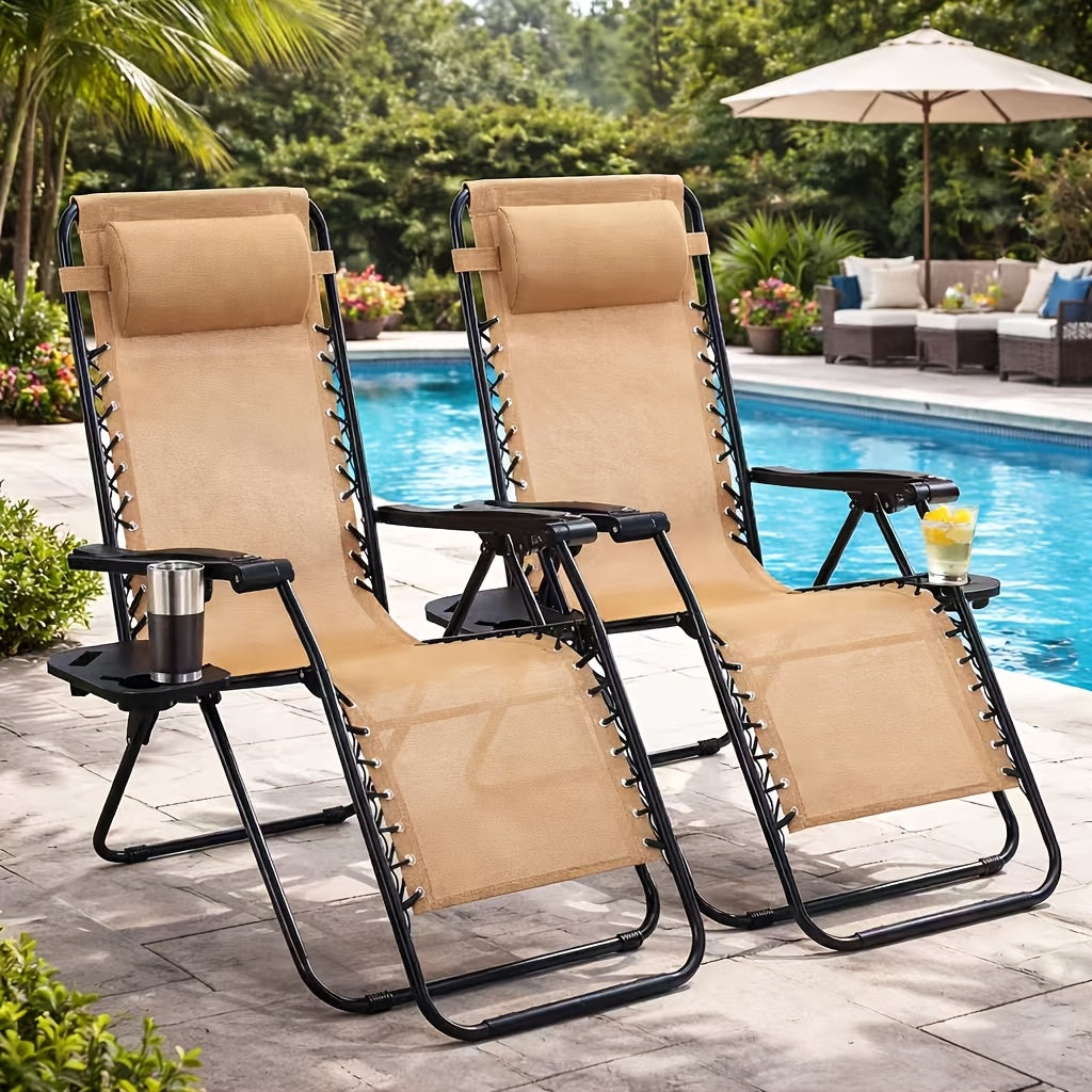 2pcs Zero Gravity Patio Recliner, Folding Lounge with Adjustable Pillow & Cup Tray, Suitable for Gardens And Outdoor Use, Khaki And Gray Color