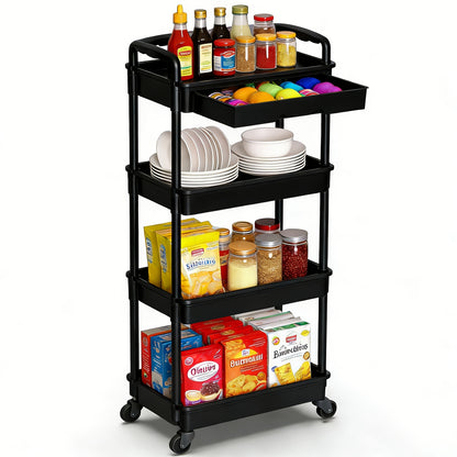 [Wedding Decorations Gift] Multi-Functional 3/4 Tier Rolling Storage Cart With Drawers - Durable Plastic Organizer With Lockable Wheels, Cup Holder & Hooks-Space-Saving Solution For Kitchen, Bathroom, Living Room - Ideal For Kitchen Accessories, Wedding D