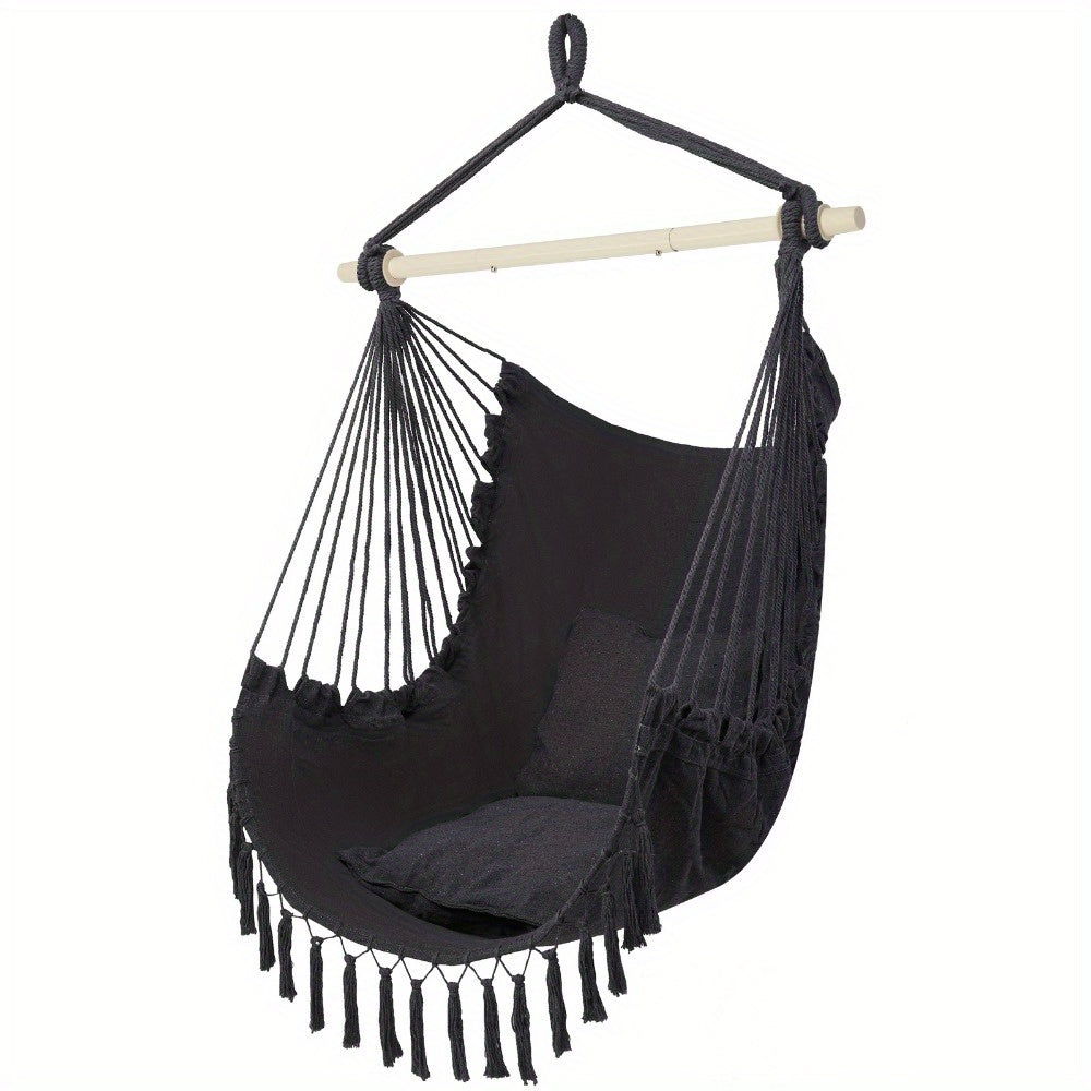 550LB Capacity Macrame Hammock Swing Chair with Steel Spreader Bar & 2 Cushions - Heavy-Duty Outdoor/ Hanging Chair, Macrame-Bohemian Style Rope Seat for,, Porch - Install (No Stand Included) - Weight Capacity