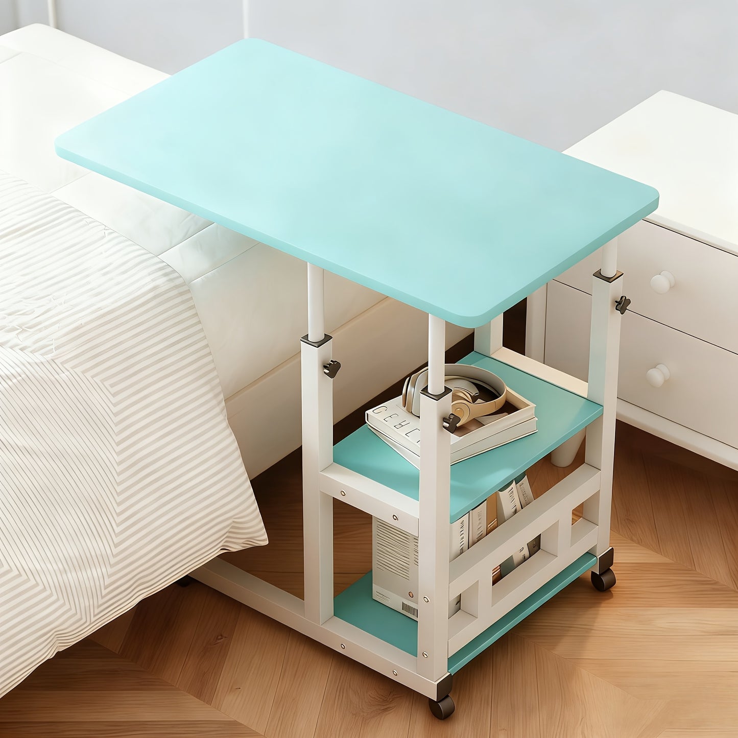 Over-bed Table with 2-layer Storage Rack- Mobile Bedside Table for Sofa, Bed and Bedroom, Versatile Nightstand, Suitable for Snacks, Laptop and Organizing Essentials(solid Metal Frame, Smooth Wheels, Space-saving Design)