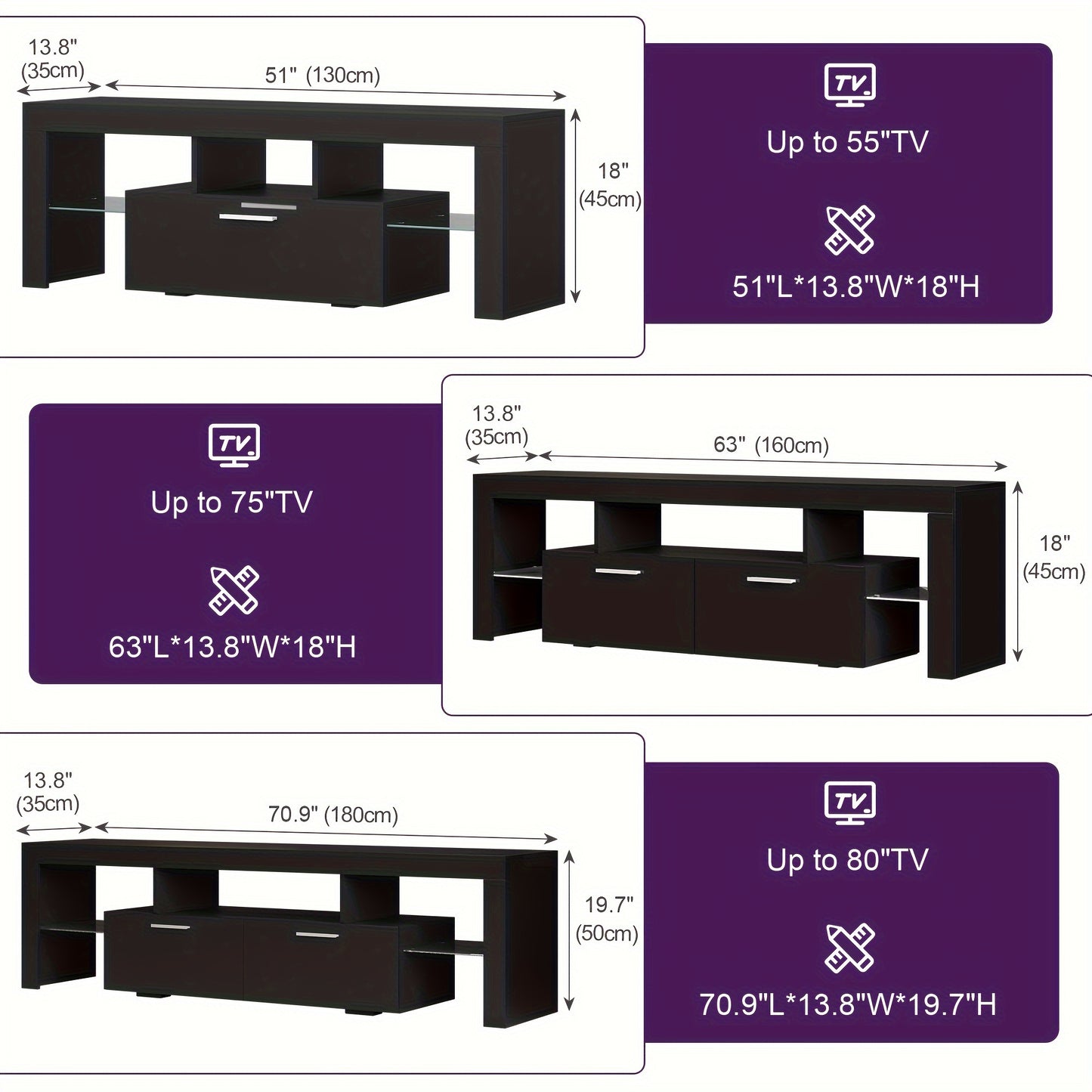 A Sleek LED TV Stand Designed for 55 to 80-Inch Televisions, Featuring a Universal Entertainment Center Equipped with Storage Drawers And LED Lighting. This Contemporary Media Console Is Suitable for Your Living Room, Game Room, Or Bedroom