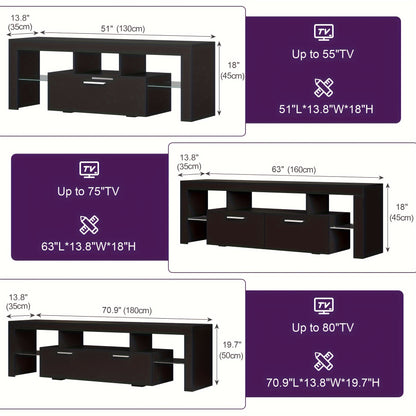 A Sleek LED TV Stand Designed for 55 to 80-Inch Televisions, Featuring a Universal Entertainment Center Equipped with Storage Drawers And LED Lighting. This Contemporary Media Console Is Suitable for Your Living Room, Game Room, Or Bedroom