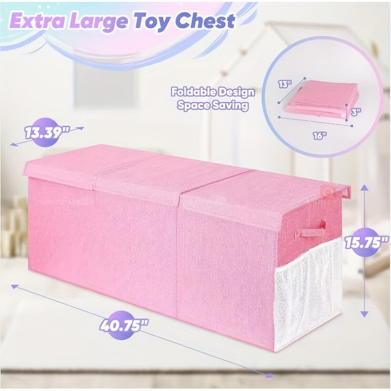 Extra Large Collapsible Storage Bin- Sturdy Organizer with Mesh Pockets, 40"x14"x16"- Pink Foldable Box Storage for Girls Storage Box for Home& Play Spaces