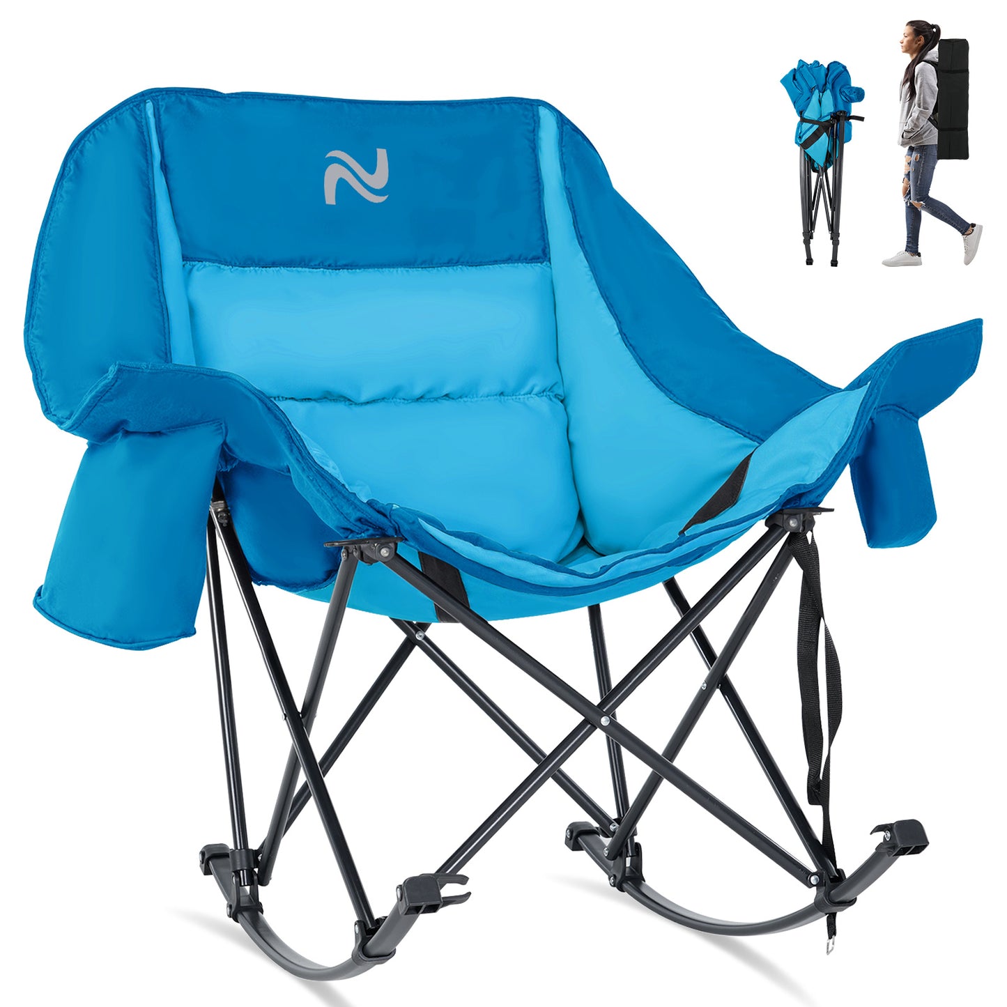 Oversized Rocking Camping Chair, Fully Padded Patio Chair with Cooler Bag and Side Pocket, High Back Portable Lawn Recliner Rocker Chairs for Camp, Patio, Supports 400 lbs