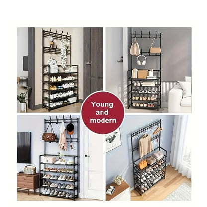 Metal Shoe Rack with Coat Hooks 5 or 10 Layer, Freestanding Shoe and Coat Organizer with Detachable Hooks for Entryway Hallway Apartment, Black White