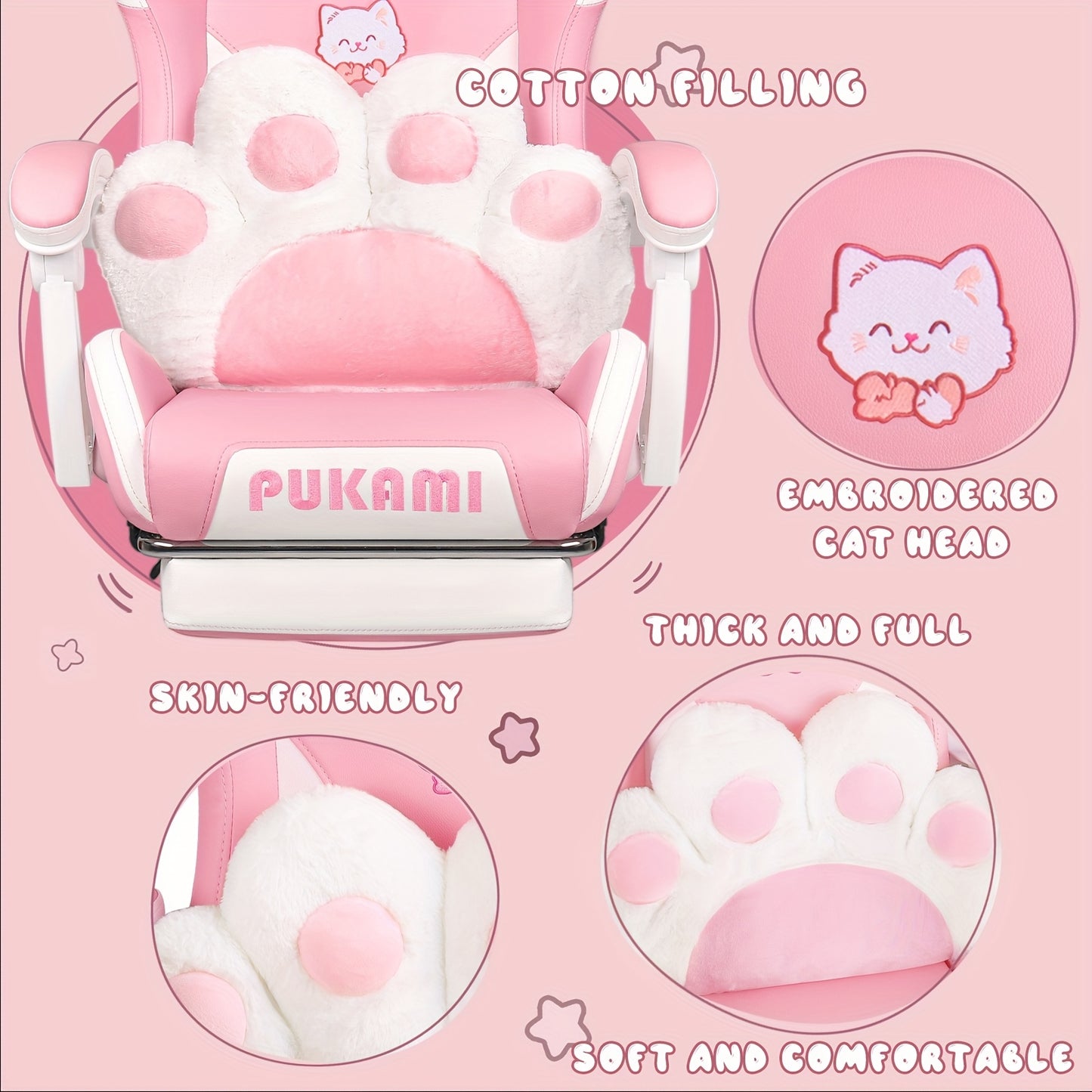 Gaming Chair with Cat Ears And Cat Paw Cushion Pillow, Cute Computer Chair for Girl with Footrest, Ergonomic Gamer Chair, Kawaii Gaming Chair, Reclining Game