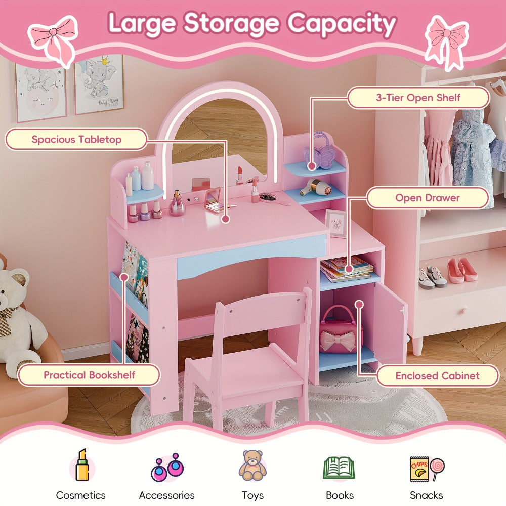 Girls' 2-in-1 Princess Vanity Set with Lighted Mirror (Cool/Warm) - Makeup Desk & Chair with Storage Cabinet, Bookshelf & Shelves, MDF Beauty Table for Toddler Girls Room, Easy Assembly Required - Ideal Kids Furniture Gift for Birth