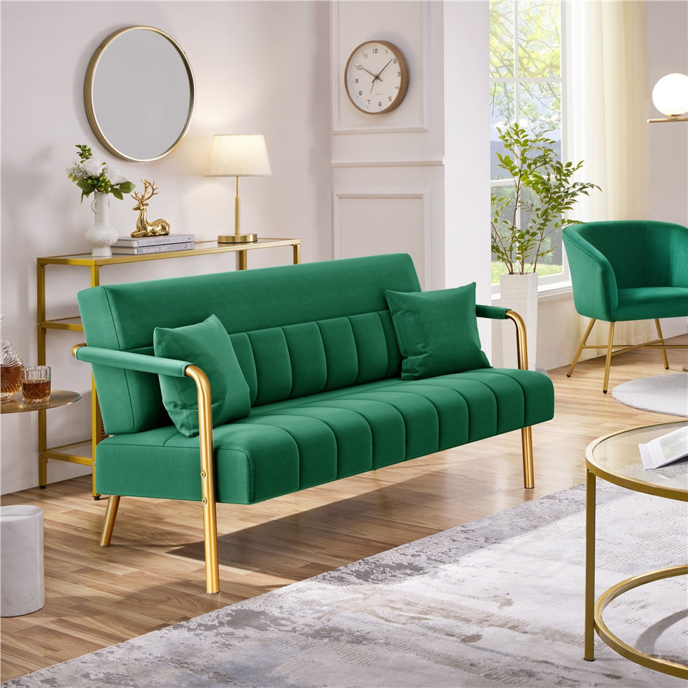 Costoffs Velvet Fabric Sofa Couch, 56.5″ W Modern Loveseat Couch with Gold-tone Metal Arms, Legs & 2 Pillows, Sofa for Living Room, Bedroom Furniture
