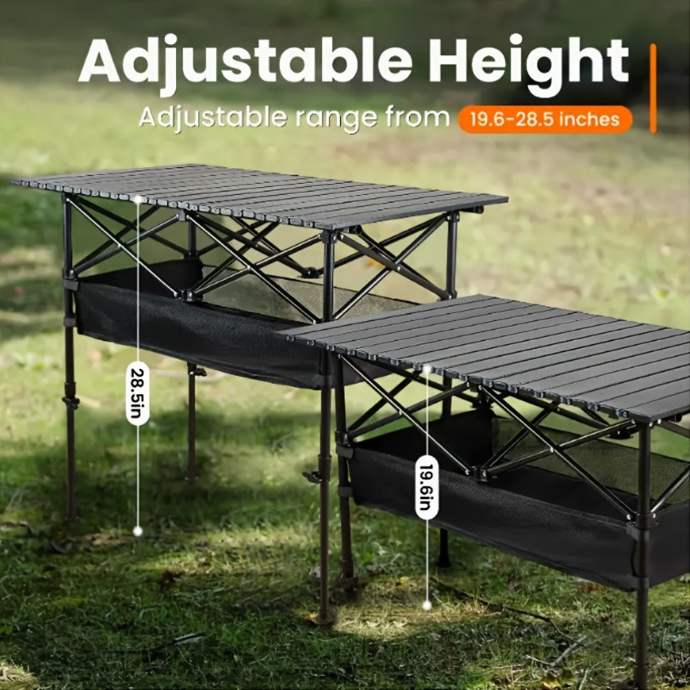 Folding Camping Table Adjustable Height – Portable Iron Picnic Backpack Table with Mesh Pocket & Carry Bag for Camping, BBQ, Beach, Backyard & Parties