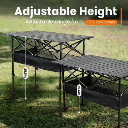 Folding Camping Table Adjustable Height – Portable Iron Picnic Backpack Table with Mesh Pocket & Carry Bag for Camping, BBQ, Beach, Backyard & Parties