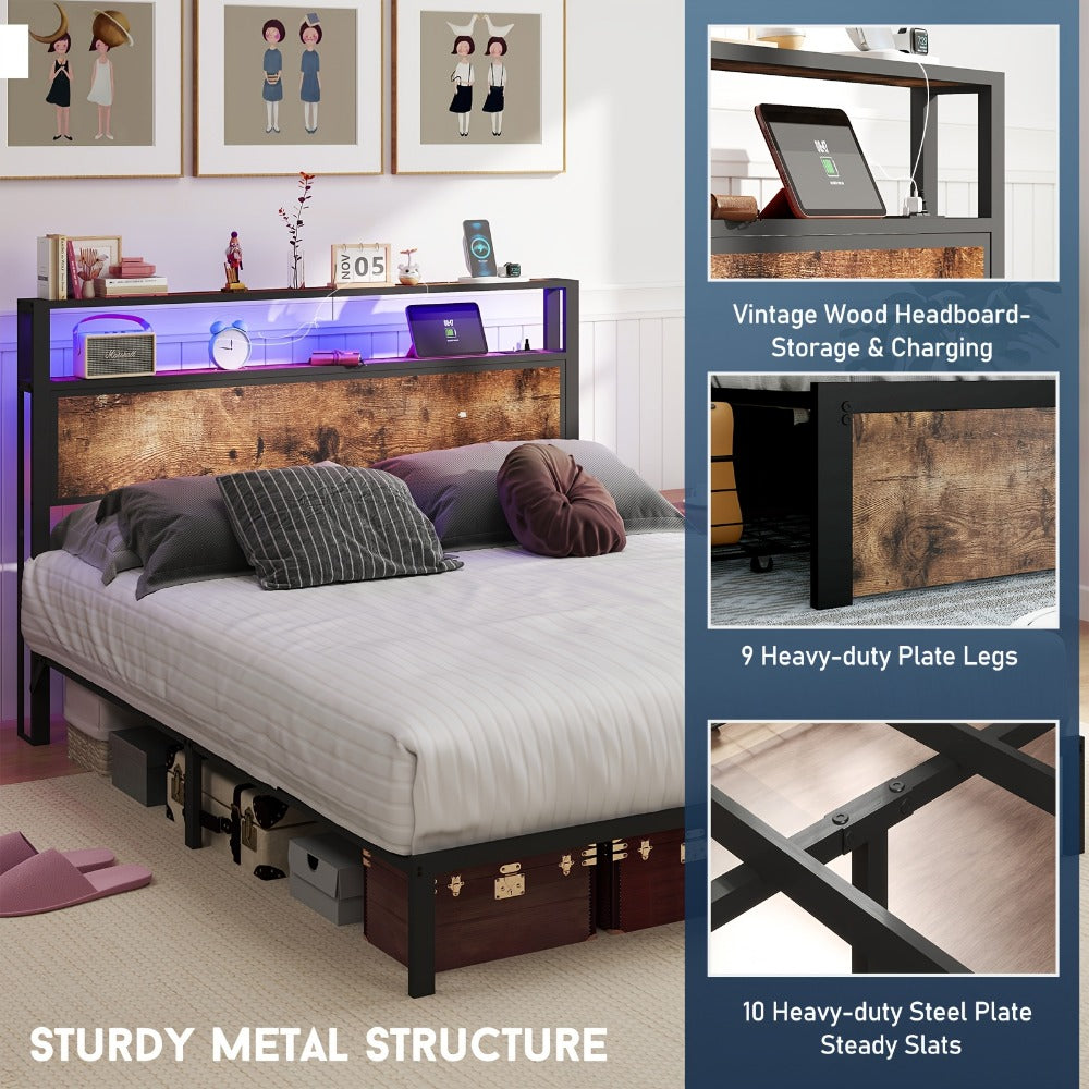 LED Bed Frame with USB Charging & 2-Tier Storage Headboard | Metal Platform, 12-Color Lights, Under-Bed Storage, 800 lbs, No Box Spring – Full Queen King