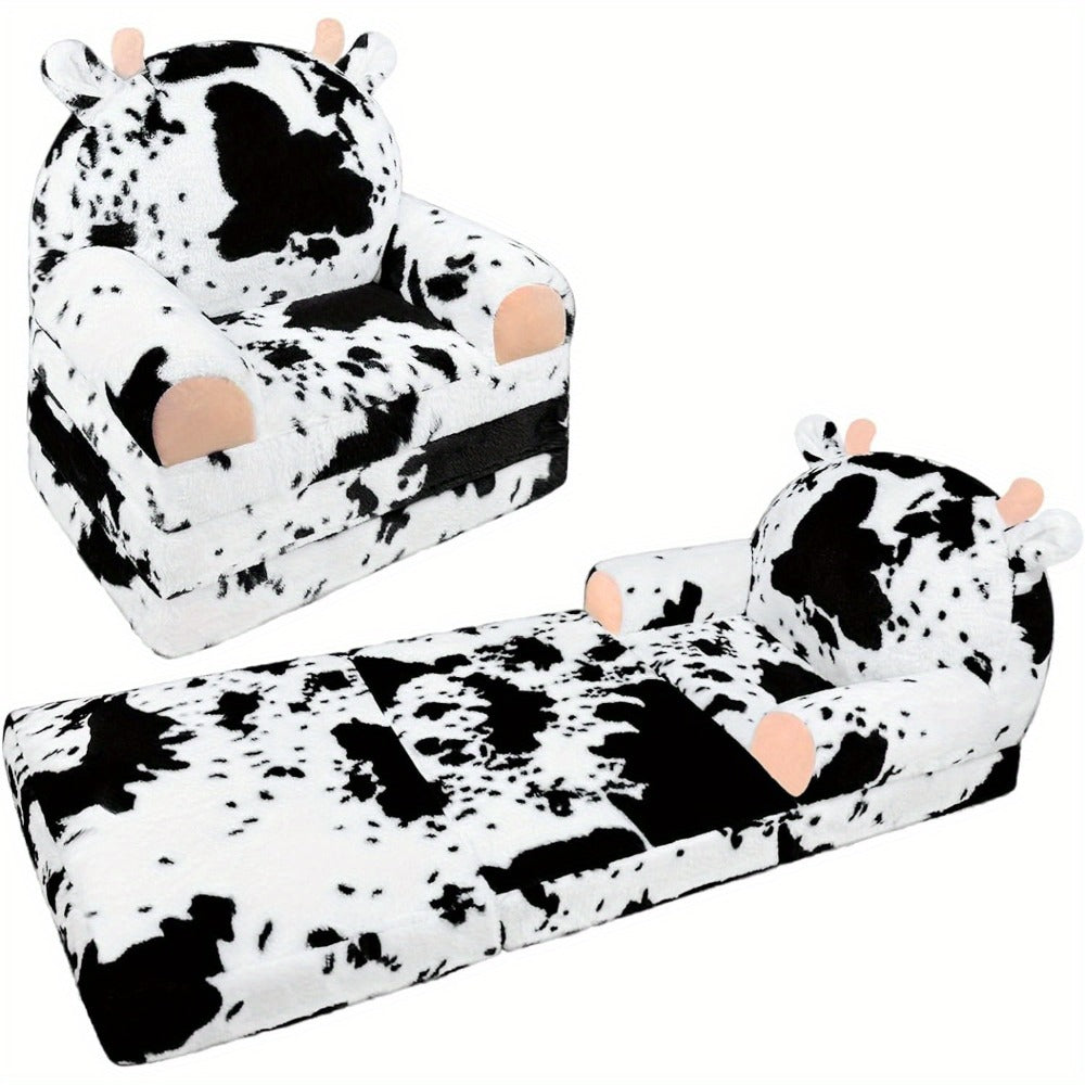 Kids Foldable Sofa Chair, Soft Plush Milk Cow Pattern 2-in-1 Flip Open Children's Lounger, Removable Washable Cover, Lightweight Comfy Animal Chair for Boys & Girls Reading Nook